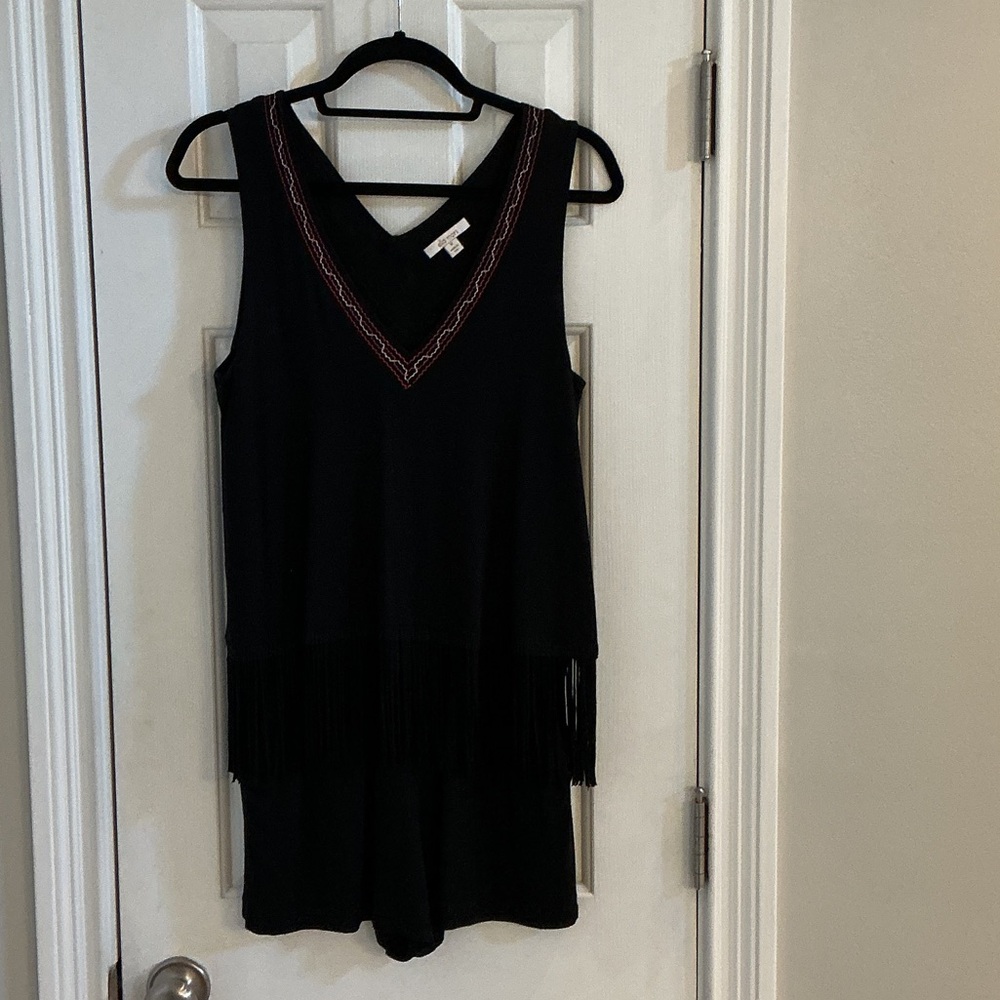 Ella Moss Black V-Neck Romper w/ Embroidery & Fringe